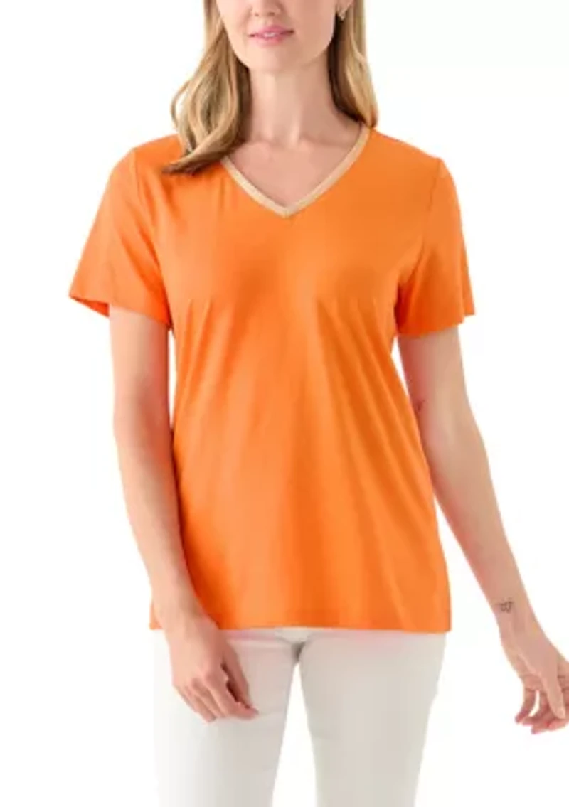 Petite Short Sleeve V-Neck T-Shirt with Trim