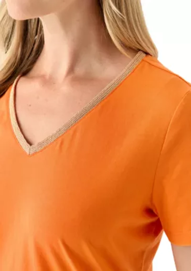 Petite Short Sleeve V-Neck T-Shirt with Trim