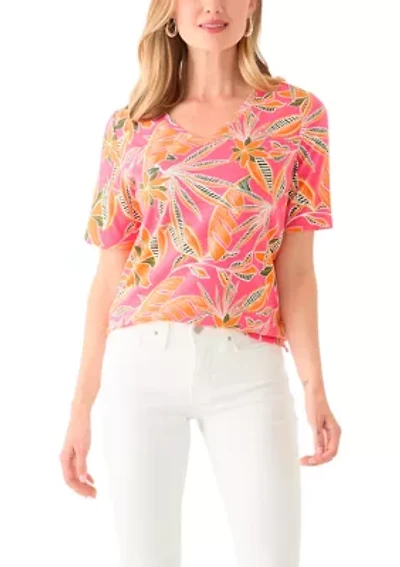 Petite Elbow Sleeve Printed V-Neck T-Shirt