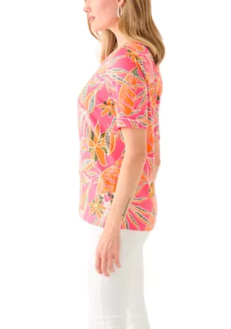 Petite Elbow Sleeve Printed V-Neck T-Shirt
