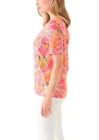 Petite Elbow Sleeve Printed V-Neck T-Shirt