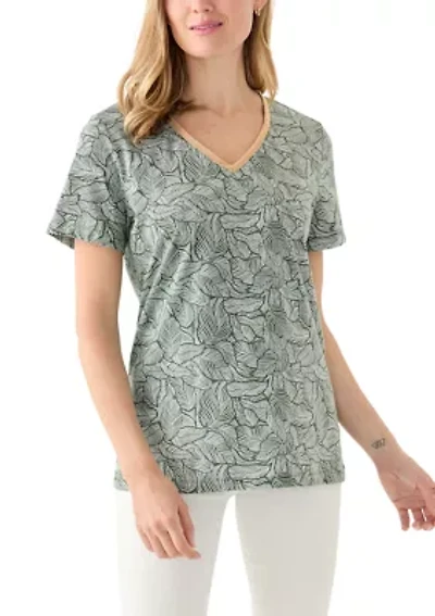 Petite Short Sleeve V-Neck Printed Trim Top
