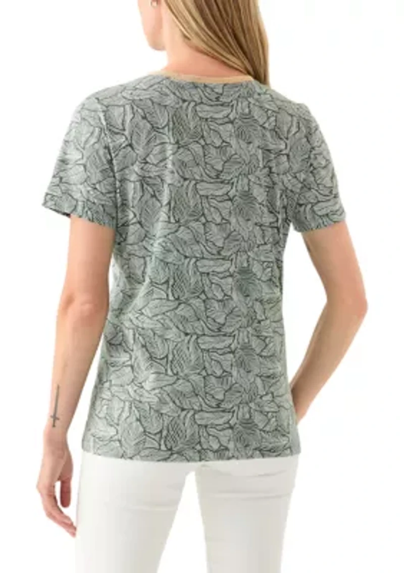 Petite Short Sleeve V-Neck Printed Trim Top