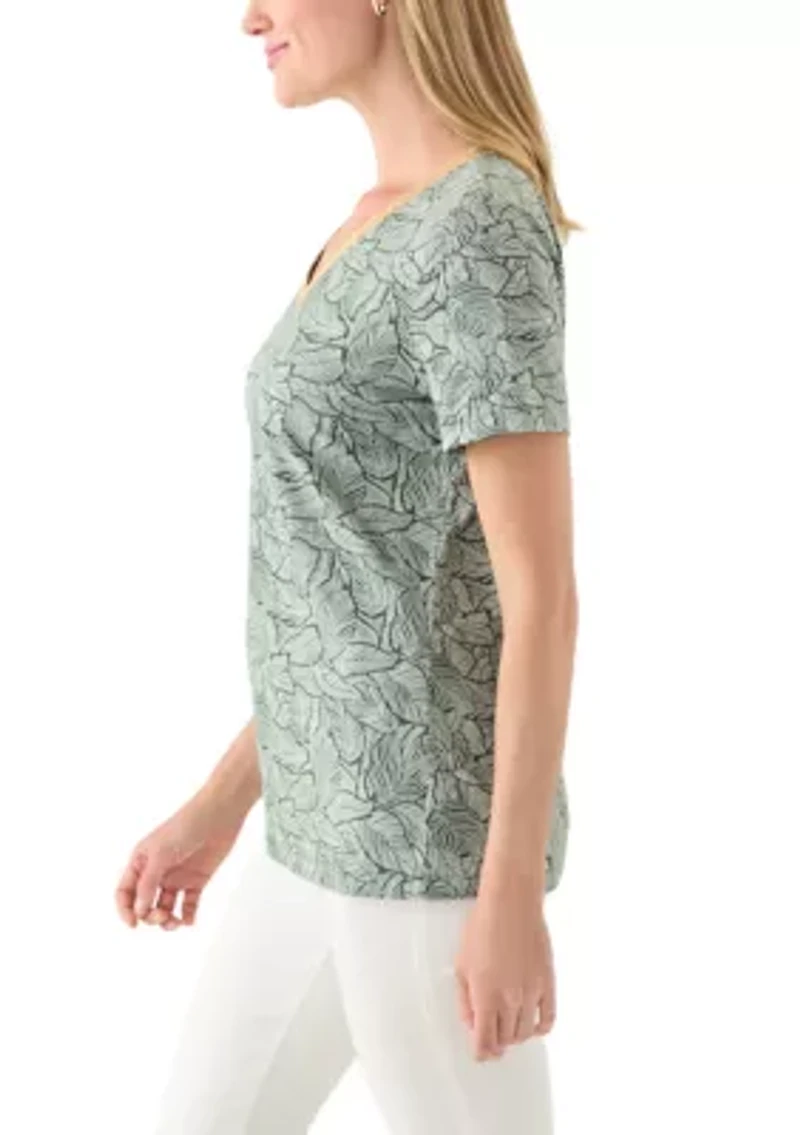 Petite Short Sleeve V-Neck Printed Trim Top