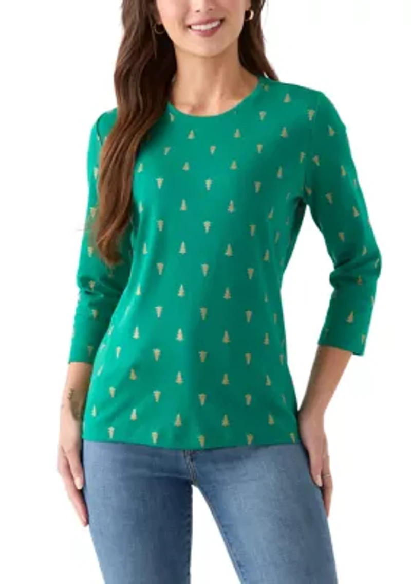 Petite Three-Quarter Sleeve Crew Neck Print Top