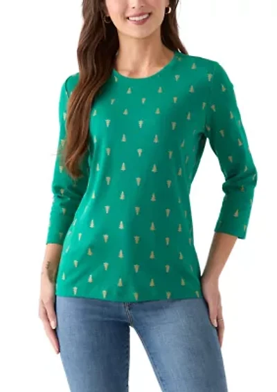 Petite Three-Quarter Sleeve Crew Neck Print Top