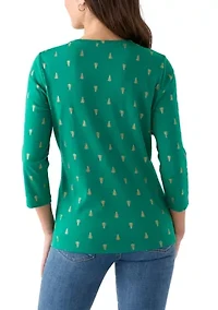 Petite Three-Quarter Sleeve Crew Neck Print Top