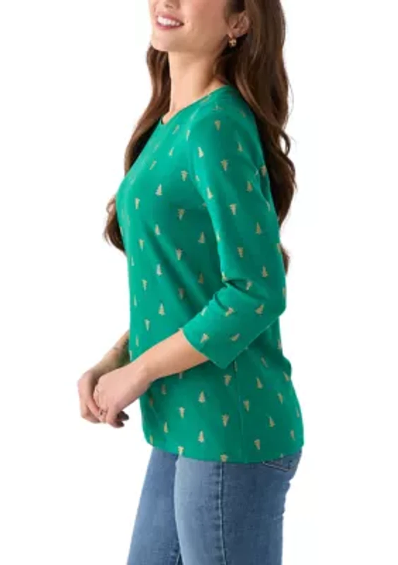 Petite Three-Quarter Sleeve Crew Neck Print Top