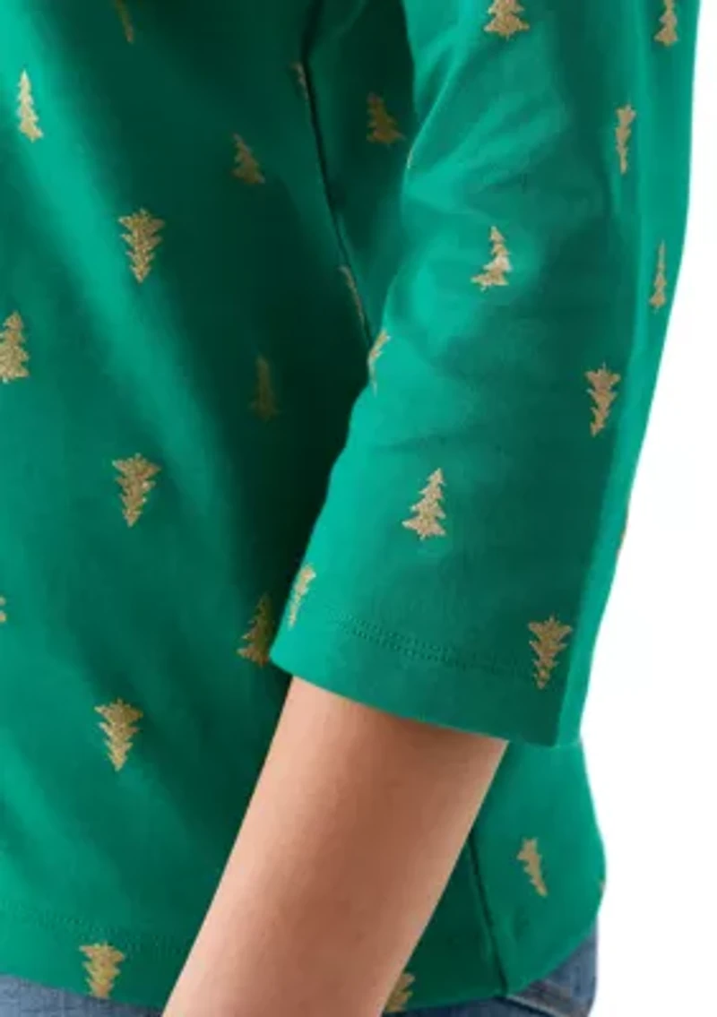 Petite Three-Quarter Sleeve Crew Neck Print Top