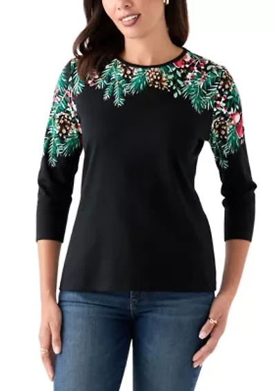 Petite Three-Quarter Sleeve Placement Print Top