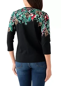 Petite Three-Quarter Sleeve Placement Print Top