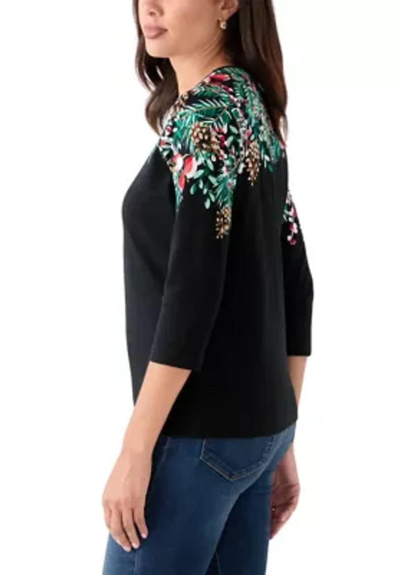 Petite Three-Quarter Sleeve Placement Print Top
