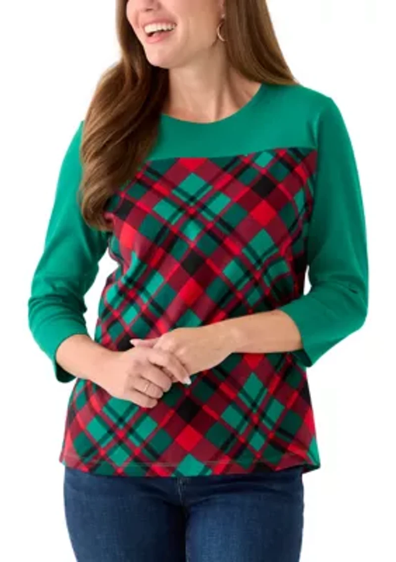 Petite 3/4 Sleeve Crew Neck Pieced Yoke T-Shirt