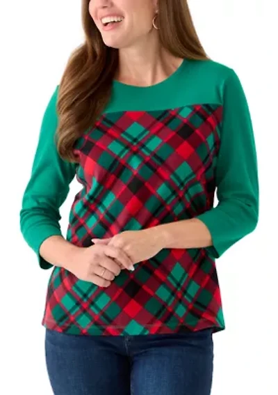 Petite 3/4 Sleeve Crew Neck Pieced Yoke T-Shirt