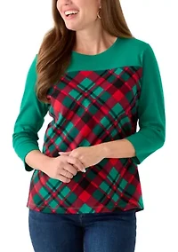 Petite 3/4 Sleeve Crew Neck Pieced Yoke T-Shirt