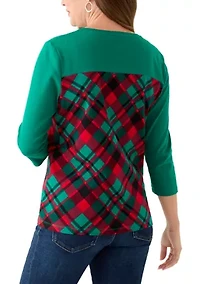 Petite 3/4 Sleeve Crew Neck Pieced Yoke T-Shirt