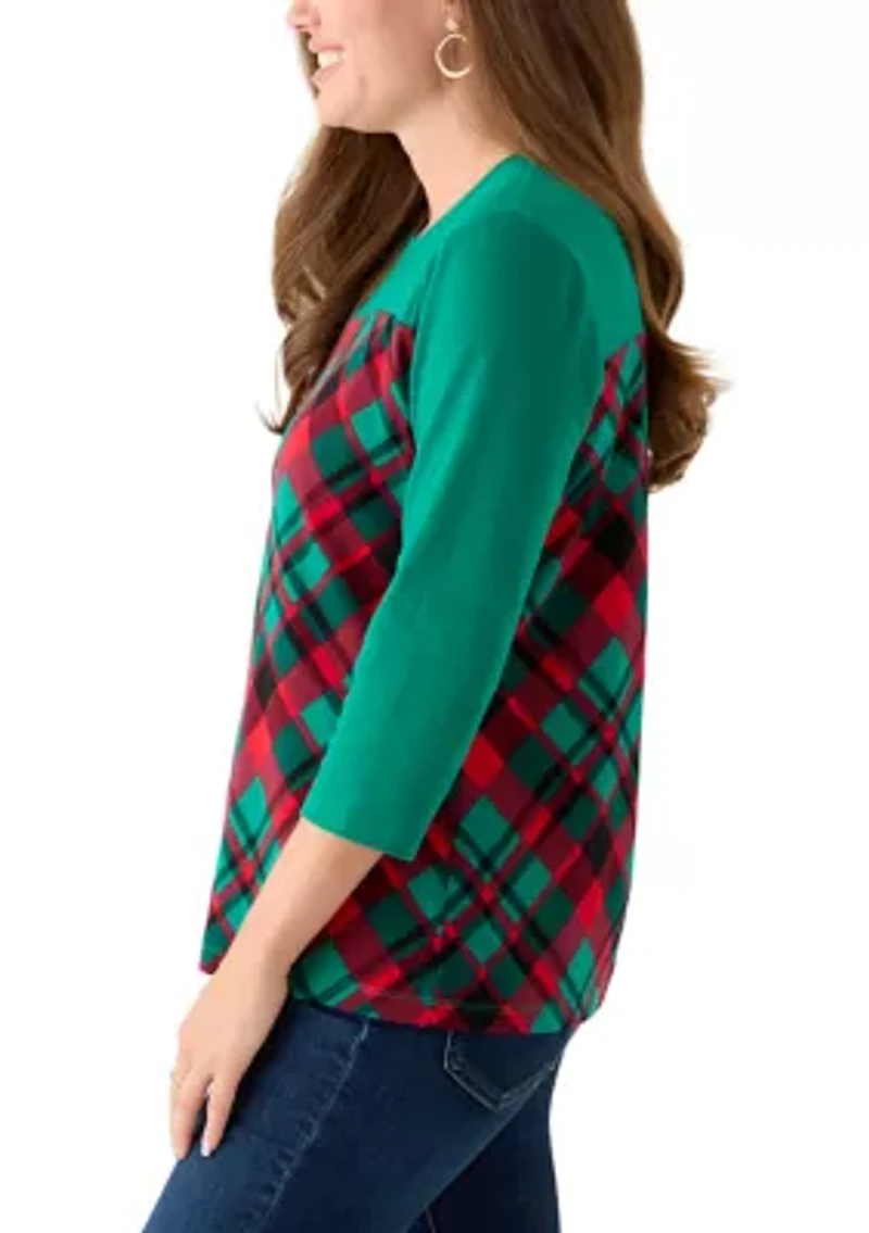 Petite 3/4 Sleeve Crew Neck Pieced Yoke T-Shirt