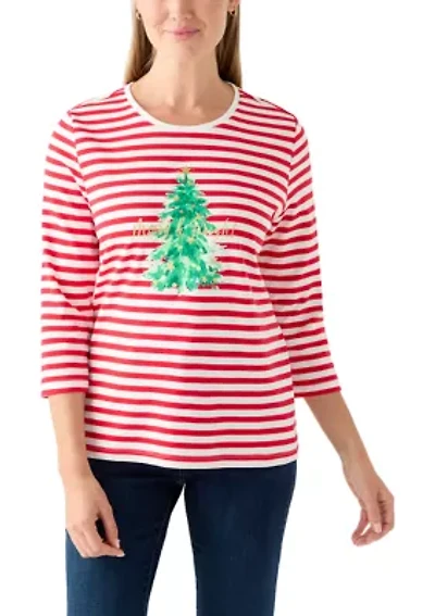 Petite 3/4 Sleeve Stripe Christmas Tree Graphic T-Shirt