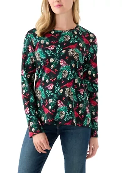Petite Long Sleeve Crew Neck Printed Top
