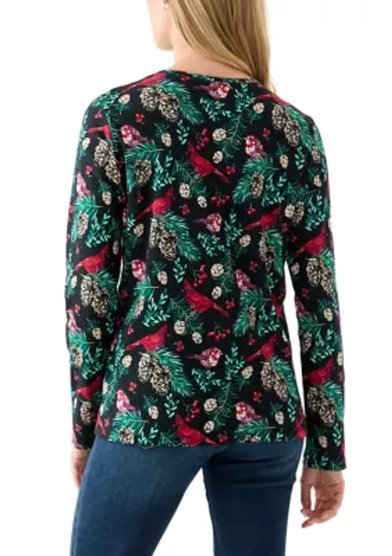 Petite Long Sleeve Crew Neck Printed Top