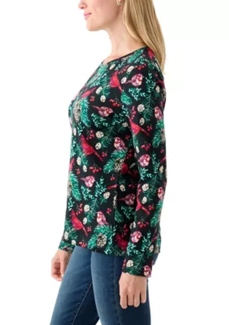 Petite Long Sleeve Crew Neck Printed Top