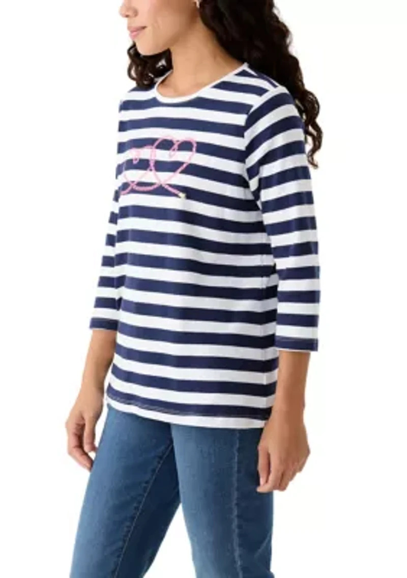 Petite 3/4 Sleeve Striped Graphic T-Shirt