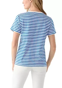 Petite Short Sleeve Striped Americana Flag Graphic T-Shirt