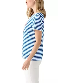 Petite Short Sleeve Striped Americana Flag Graphic T-Shirt