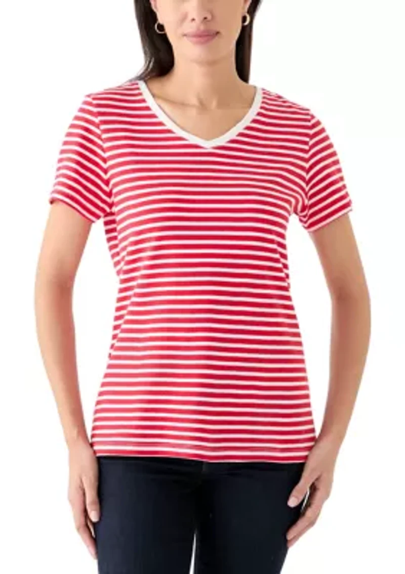 Petite Short Sleeve V-Neck Striped T-Shirt