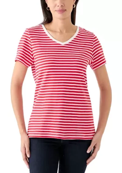 Petite Short Sleeve V-Neck Striped T-Shirt