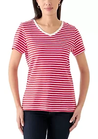 Petite Short Sleeve V-Neck Striped T-Shirt