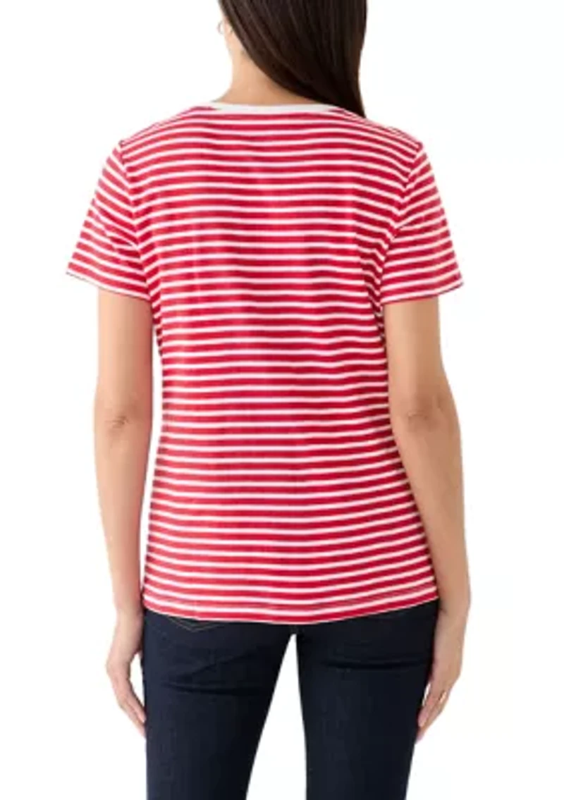 Petite Short Sleeve V-Neck Striped T-Shirt
