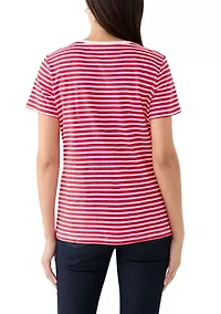 Petite Short Sleeve V-Neck Striped T-Shirt