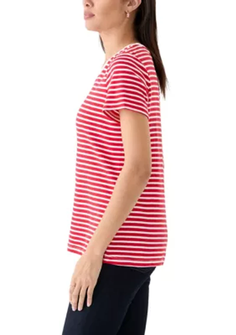 Petite Short Sleeve V-Neck Striped T-Shirt