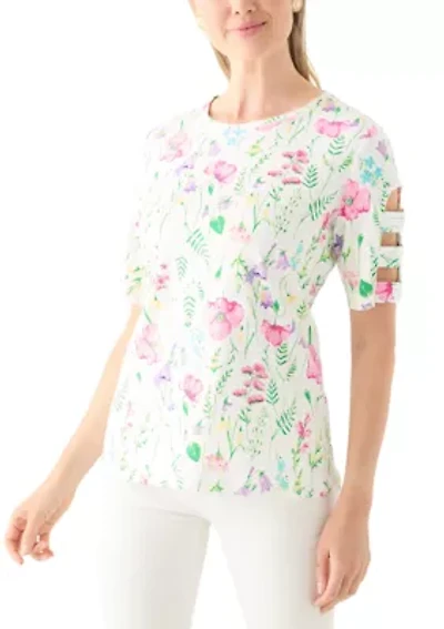 Petite Short Sleeve Floral Print Cotton T-Shirt