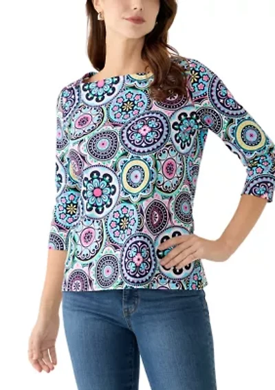 Petite 3/4 Sleeve Square Neck Trim Print T-Shirt