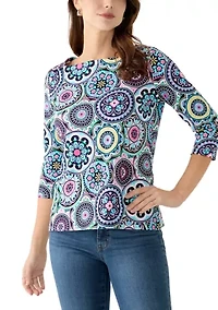 Petite 3/4 Sleeve Square Neck Trim Print T-Shirt