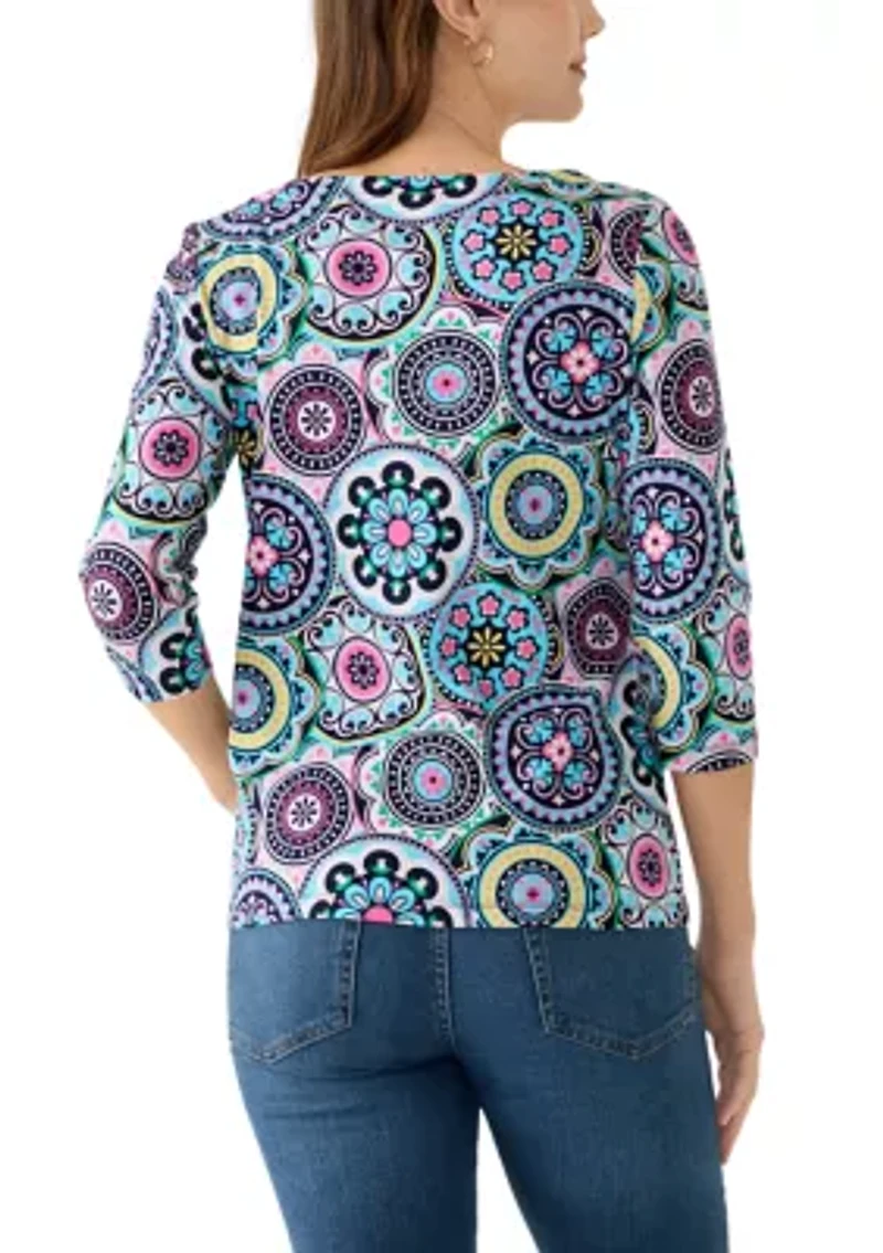 Petite 3/4 Sleeve Square Neck Trim Print T-Shirt