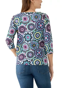 Petite 3/4 Sleeve Square Neck Trim Print T-Shirt