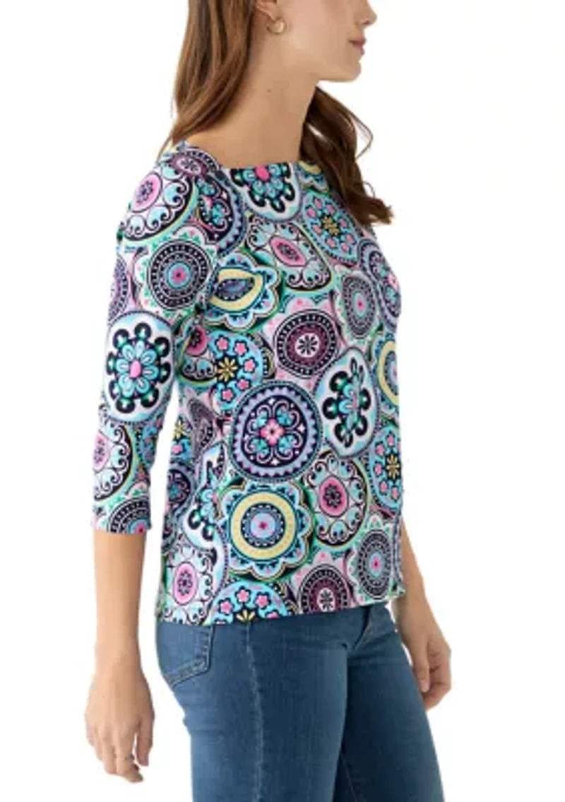 Petite 3/4 Sleeve Square Neck Trim Print T-Shirt