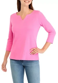 Petite 3/4 Sleeve Split Neck T-Shirt
