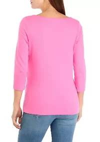 Petite 3/4 Sleeve Split Neck T-Shirt