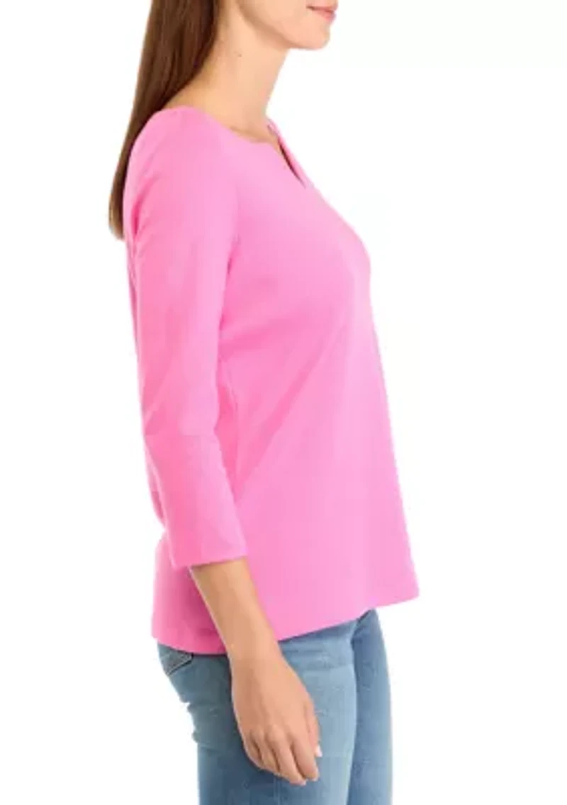 Petite 3/4 Sleeve Split Neck T-Shirt