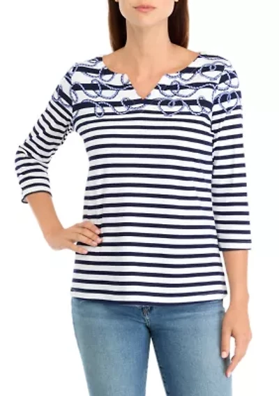 Petite 3/4 Sleeve Printed Split Neck T-Shirt