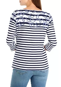 Petite 3/4 Sleeve Printed Split Neck T-Shirt