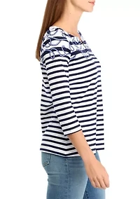 Petite 3/4 Sleeve Printed Split Neck T-Shirt