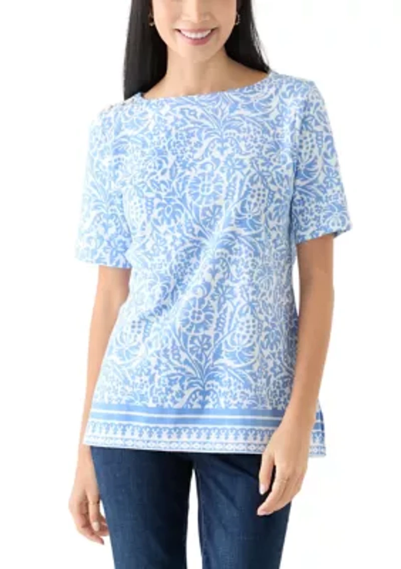 Petite Button Detail Printed Top