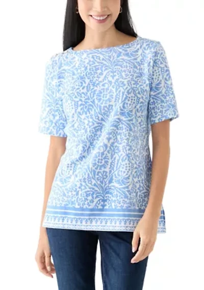 Petite Button Detail Printed Top