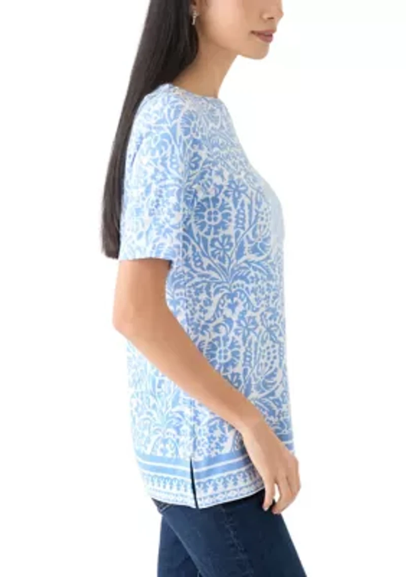 Petite Button Detail Printed Top