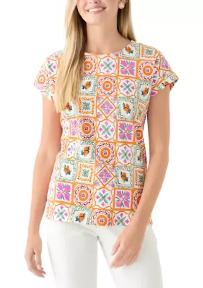 Short Drop Shoulder Floral Cotton T-Shirt